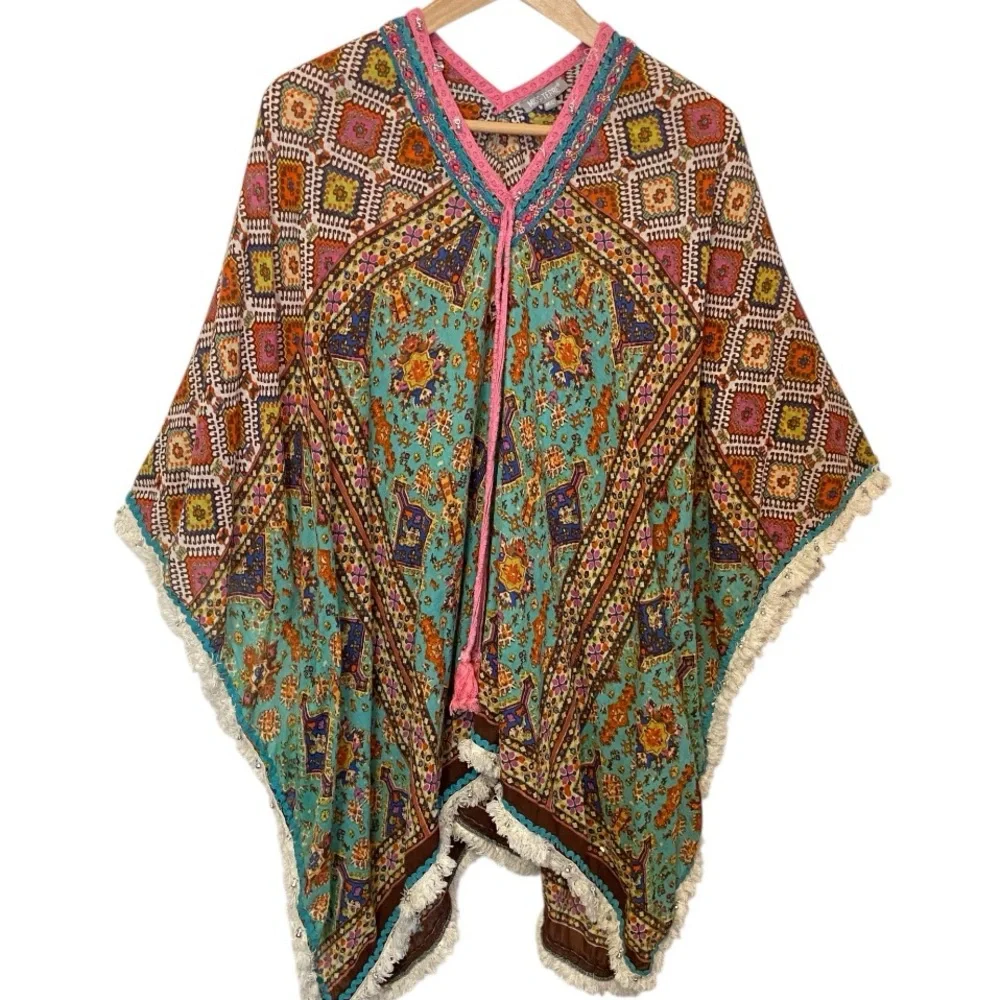 Miss Terre Boho Poncho/ShawlTop M/L Embellished  Cotton Fringe Festival Hippie - Picture 2 of 10